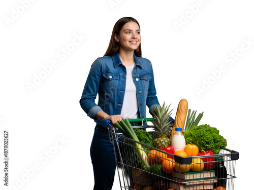 A smiling woman pushes a grocery cart overflowing with fresh vegetables, fruits, and dairy—symbolizing healthy living, mindful shopping, and the joy of nourishing your body with wholesome, vibrant foo