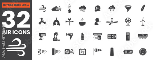 Filled Air and Wind Icons Set Including Breeze, Oxygen, Clouds, Sky, Climate, Eco, Pollution, Nature Sustainable Environment, Editable Vector File for Weather and Environmental Design