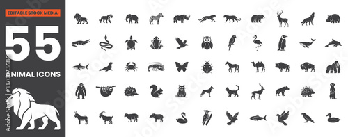Filled Animal Icons Set Featuring Lion, Elephant, Tiger, Bear, Fox, Owl, Whale, Dolphin, Bird, Cat, Dog, Horse, Editable Vector File for Wildlife, Nature, Zoo, and Conservation Design Projects