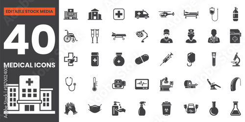 Filled Healthcare and Medical Icons Set Including Stethoscope, Heart, Syringe, Pill, First Aid, Hospital, Doctor, Nurse, Medical Equipment, Editable Vector File for Medical and Healthcare Design