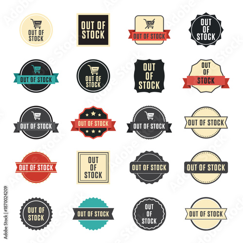 Editable Vector Out of Stock Badges Sheet for E-Commerce Products, Sold Out, Unavailable, Inventory Labels, Digital Design, Notification Stickers, Promotional Use
