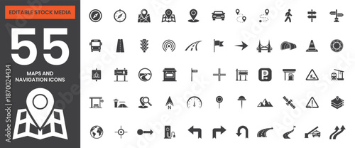 Filled Maps and Navigation Icons Set Including Location Pins, Compass, GPS, Directions, Routes, Map Markers, Travel, Wayfinding, Mobile Navigation, Editable Vector File for App and Web Design