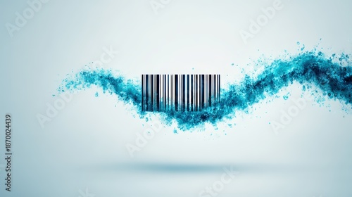 A dynamic splash of blue water surrounds a barcode, symbolizing technology and commerce in a creative visual depiction.