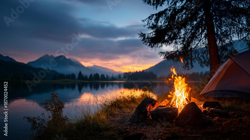 Wallpaper Mural Serene camping scene featuring glowing campfire in front of tent, tranquil lake and mountains background during twilight, peaceful evening outdoor setting, with copy space Torontodigital.ca