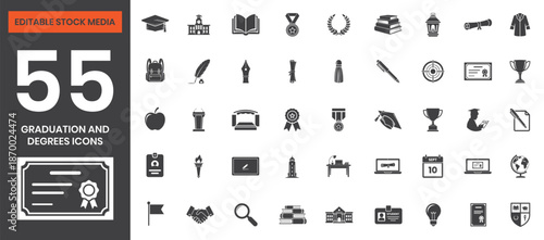 Filled Graduation and Academic Degrees Icons Set Including Diploma, Certificate, Bachelor, Education, Learning, University, College, Editable Vector File for Educational and Academic Design