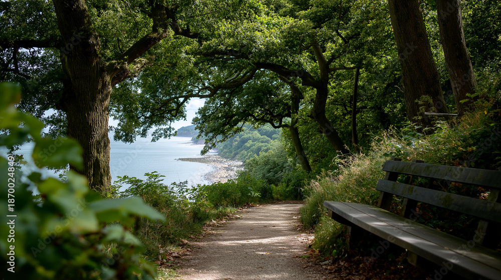 Fototapeta premium Tranquil path leading through lush trees to scenic sea view, solitary bench visible, peaceful contemplation invitation, coastal forest trail, with copy space