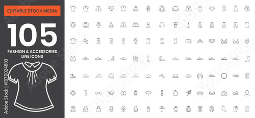 Line Icons Clothing and Fashion Accessories Set Including Hat, Shoes, Dress, Bag, Sunglasses, Watch, Scarf, Apparel, Wardrobe Essentials, Stylish Outfits, Editable Vector File for Fashion Design