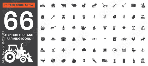 Black Filled Agriculture and Farming Icons Set Including Tractor, Barn, Wheat, Crop, Livestock, Farming Tools, Agriculture Equipment, Rural Landscape, Editable Vector File for Agricultural Design