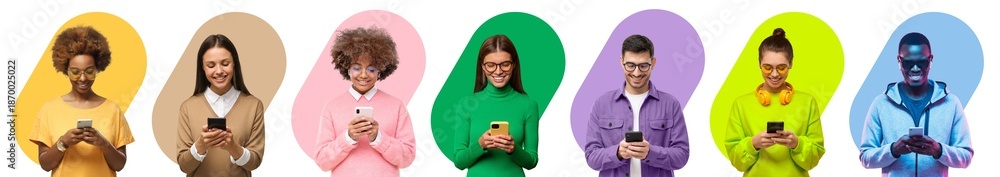 Obraz premium Diverse group of people using phones on colorful backgrounds