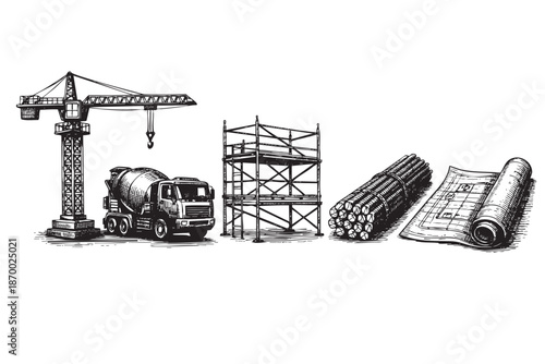 A black and white sketch depicts a construction site with a crane, concrete mixer truck, scaffolding, rebar, and blueprints, representing the building industry and development.