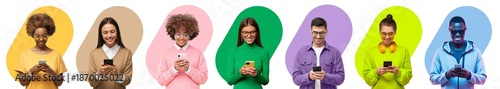 Diverse group of people using phones on colorful backgrounds