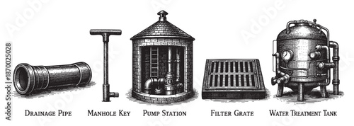 Detailed black and white woodcut-style illustration of essential water infrastructure components including a drainage pipe, manhole key, pump station, filter grate, and water treatment tank.