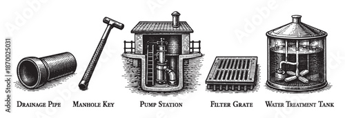 Detailed black and white woodcut-style illustration of essential water infrastructure components including a drainage pipe, manhole key, pump station, filter grate, and water treatment tank.