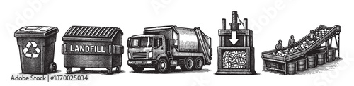 A vintage illustration depicts a recycling bin, landfill bin, garbage truck, compactor, and conveyor belt with workers processing waste, symbolizing waste management and environmental responsibility.