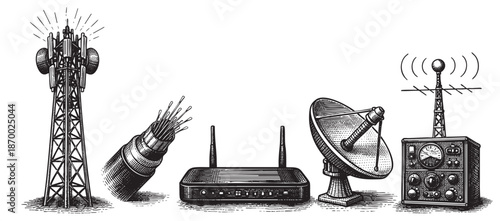 This vintage-style illustration showcases various communication devices including a cell tower, fiber optic cable, router, satellite dish, and radio equipment.