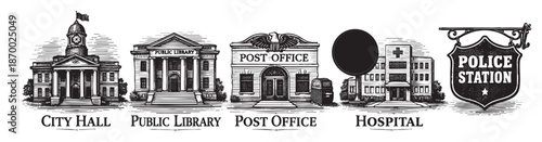 A detailed black and white line art illustration depicting classic civic buildings including a city hall, public library, post office, hospital, and police station, evoking a sense of community and hi