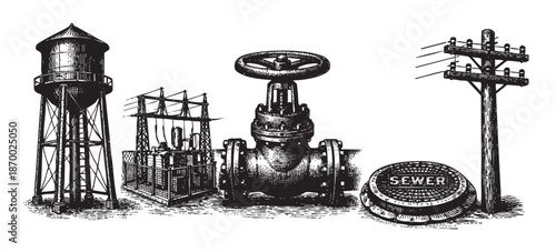 A collection of vintage black and white line art illustrations depicting essential industrial infrastructure elements, including a water tower, electrical substation, large pipe valve, manhole cover, 