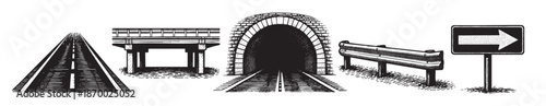 A collection of black and white vector illustrations depicting road and railway infrastructure, including a perspective road, bridge, tunnel, guardrail, and directional sign.