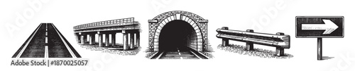 A collection of black and white vector illustrations depicting road and railway infrastructure, including a perspective road, bridge, tunnel, guardrail, and directional sign.