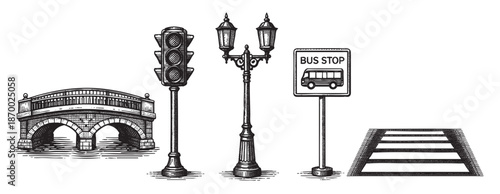 A black and white line drawing showcases quintessential urban elements: an arched bridge, traffic signal, lamppost, bus stop sign, and crosswalk, evoking a classic vintage feel.