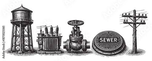 A collection of vintage black and white line art illustrations depicting essential industrial infrastructure elements, including a water tower, electrical substation, large pipe valve, manhole cover, 