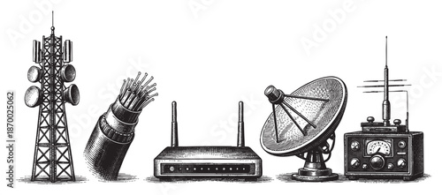 This vintage-style woodcut illustration features various communication devices including a cell tower, fiber optic cables, a router, a satellite dish, and a radio, set against a clean white background