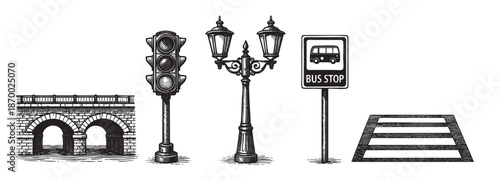 Vintage hand-drawn illustration of urban street elements including a stone bridge, traffic signal, ornate lamppost, bus stop sign and crosswalk on a white background.