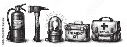 A vintage-style engraving depicts essential emergency items including a fire extinguisher, axe, siren, emergency kit, and first aid bag, symbolizing safety and readiness.
