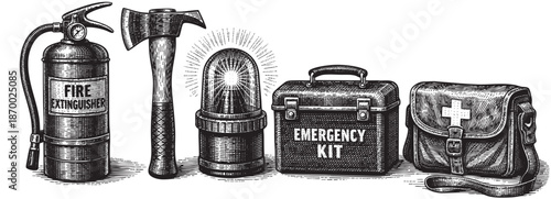 A vintage illustration in black and white depicts a collection of emergency preparedness items including a fire extinguisher, axe, warning light, emergency kit, and first aid bag on a white background