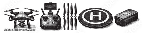 This black and white illustration features a drone, controller, propellers, helipad symbol, and battery pack arranged in a line against a white background, depicting drone technology elements.