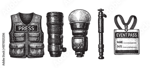 A vintage illustration showcases essential press equipment, including a press vest, camera lens, flash, microphone, and event pass, presented against a clean white background.