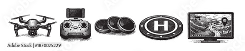 Engraving style collection of drone, controller, propellers, helipad, and monitor showing aerial view, symbolizing technology and aviation.