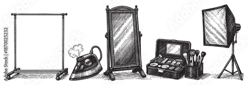 A vintage illustration depicts essential items for a photography studio setup, including a backdrop stand, steaming iron, ornate mirror, makeup case with brushes, and a studio light.