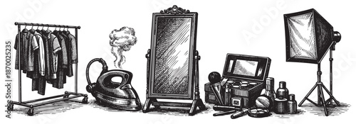 A black and white sketch depicts a fashion photoshoot setup with clothing rack, steaming iron, ornate mirror, makeup case, and lighting equipment, suggesting creative process.