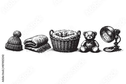 A black and white illustration features cozy winter items including a knit hat, folded blanket, woven basket, teddy bear, and a vintage lamp on a white background.