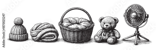 A black and white illustration features cozy winter items including a knit hat, folded blanket, woven basket, teddy bear, and a vintage lamp on a white background.