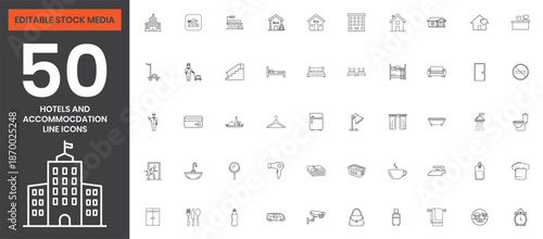 Hoteling and Accommodation Line Icons Set Including Hotel, Room, Bed, Key, Bell, Luggage, Booking, Concierge, Amenities, Travel, Tourism, Hospitality, Wi-Fi, Editable Vector File for Web & App Design