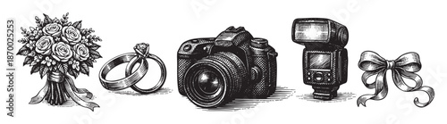 A black and white sketch features wedding elements like a bouquet, rings, camera, flash, and bow, ideal for invitations, graphics, and artistic designs.