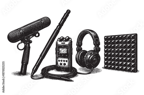 A detailed black and white illustration of professional audio recording equipment, including a shotgun microphone, portable recorder, headphones, and soundproofing foam.