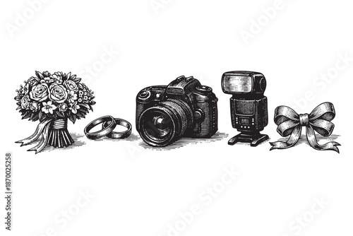 A classic black and white illustration depicts essential wedding day items, including a bouquet, rings, camera, and flash, perfect for celebratory themes.
