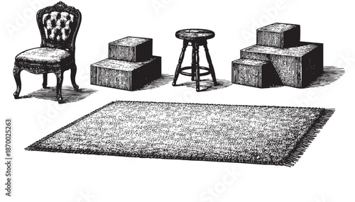 This black and white etching depicts a collection of vintage furniture including a tufted armchair, a stool, and wooden blocks, arranged on a textured rug.