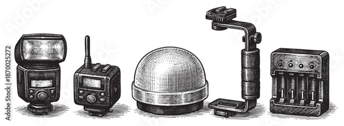 A black and white woodcut style illustration of various photography equipment including camera flashes, a diffuser, a battery charger, and a camera grip on a white background.