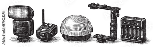 A black and white woodcut style illustration of various photography equipment including camera flashes, a diffuser, a battery charger, and a camera grip on a white background.