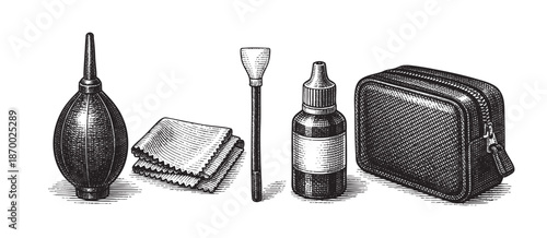 A vintage style illustration depicts a camera lens cleaning kit including a blower, cloth, brush, solution bottle, and case against a white background.