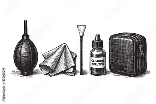 A vintage style illustration depicts a camera lens cleaning kit including a blower, cloth, brush, solution bottle, and case against a white background.
