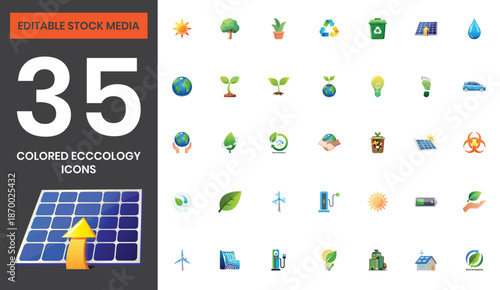 Colored Ecology and Sustainability Icons Set Including Sun, Tree, Sprout, Leaf, Nature, Green Energy, Renewable Resources, Climate Conservation, Editable Vector File for Environmental Design