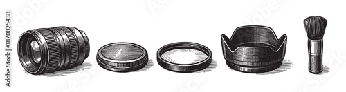 Vintage illustration of camera lens, lens caps, and cleaning brush presented in a classic woodcut style, perfect for photography or artistic themes.