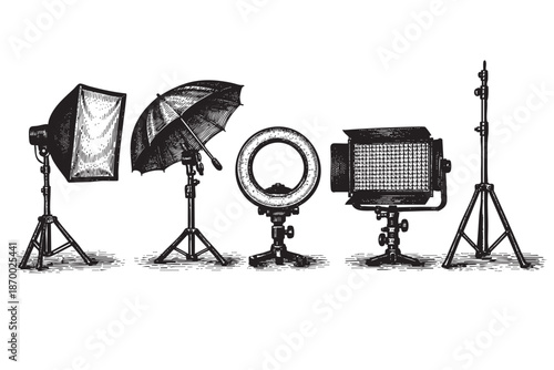 A vintage illustration showcases a variety of photography lighting equipment including a softbox, umbrella, ring light, and LED panel, all on stands against a white background.