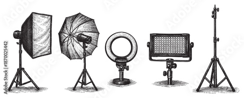 A vintage illustration showcases a variety of photography lighting equipment including a softbox, umbrella, ring light, and LED panel, all on stands against a white background.