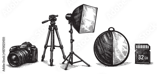 A still life illustration of professional photography equipment including a DSLR camera, tripod, studio light, reflector, and memory card, presented in a retro sketch style.